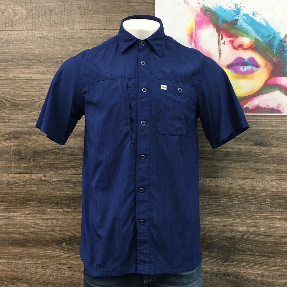 Outdoor Research Mens Short Sleeve Button‎ Up Shirt Blue OR Logo Size M
